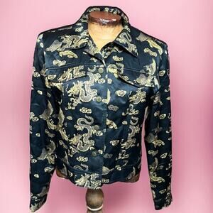 VINTAGE 90s Dragon Print Silk Brocade Jacket Size 8 Cropped Womens Streetwear